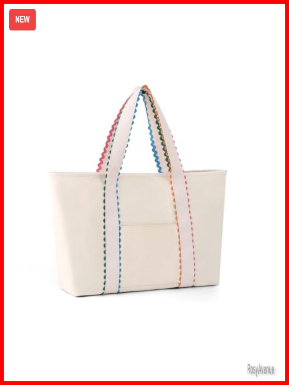 Cotton Canvas Tote Bag Rainbow Rick Rack Trim Lightweight Shoulder Bag